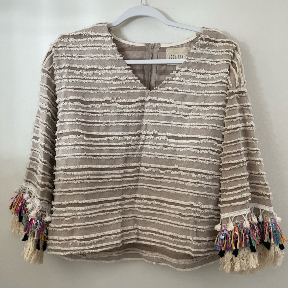 Moon River Pompom Textured Stripe Tassel Linen Blend Top Size Small